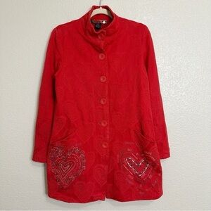 Desigual Red Heart Embroidered Jacquard Long Sleeves Peacoat, Sz Medium